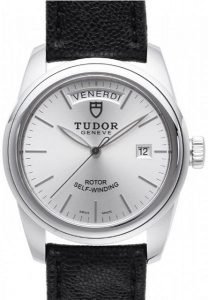 Replica Tudor Glamour Date Day Silver Dial Leather Strap Mens Watch 56000-5