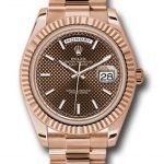 ROLEX DAY DATE 40 PRESIDENT ROSE GOLD FLUTED BEZEL CHOCOLATE STICK DIAL ON PRESIDENTAL BRACELET 40MM