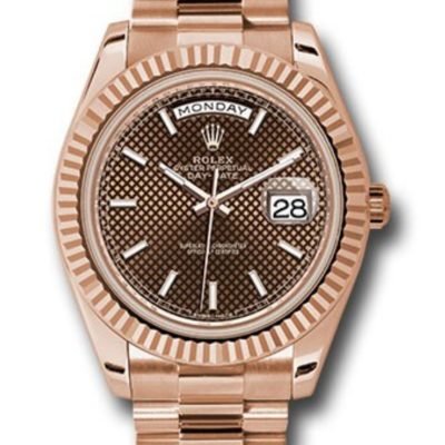 ROLEX DAY DATE 40 PRESIDENT ROSE GOLD FLUTED BEZEL CHOCOLATE STICK DIAL ON PRESIDENTAL BRACELET 40MM - Top Watches