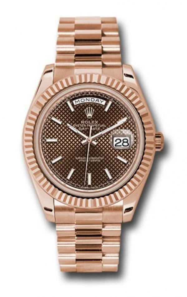 ROLEX DAY DATE 40 PRESIDENT ROSE GOLD FLUTED BEZEL CHOCOLATE STICK DIAL ON PRESIDENTAL BRACELET 40MM - Top Watches