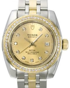 Replica Tudor Classic Date Champagne Dial Yellow Gold Strap Ladies Watch 22023-1