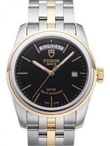 Replica Tudor Glamour Date Day Black Dial Leather Strap Mens Watch 56003