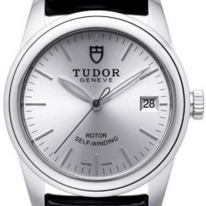 Replica Tudor Glamour Date Silver Dial Leather Strap Ladies Watch 55000-1