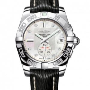 Replica Breitling Galactic 36 Automatic Mother of Pearl Diamond Dial Black Leather Strap Women's