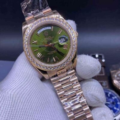 High quality replica Iced Out Rolex DayDate rose gold case 40mm, green dial roman numbers - DrWatch Premium Watch