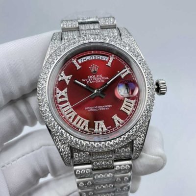 High quality replica Iced Out Moissanite Rolex DayDate Oyster-Perpetual with Iced Roman number dial, Silver (Pick Style) - DrWatch Premium Watch