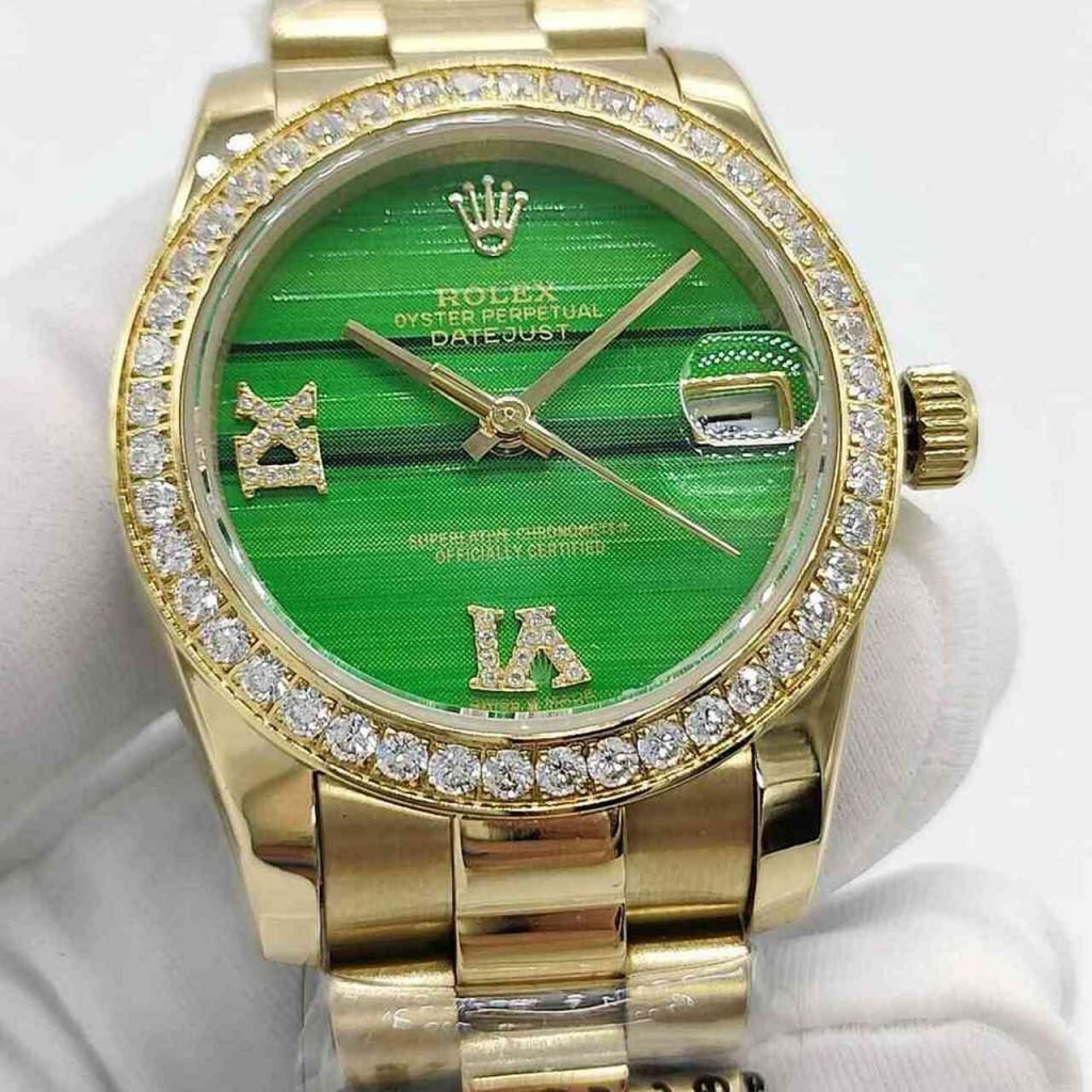 Iced Out Moissanite Rolex Datejust goldgreen 31mm, bezelstones 6-9 clock - DrWatch Premium Watch