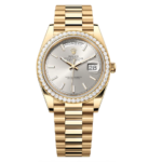 Day-Date 40 in gold with a silver dial diamond-set bezel