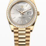 Day-Date 40 in gold with a silver dial diamond-set bezel - DrWatch Premium Watch