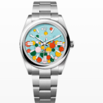 The Oyster Perpetual 41 with a turquoise blue, Celebration-motif dial and an Oyster bracelet.