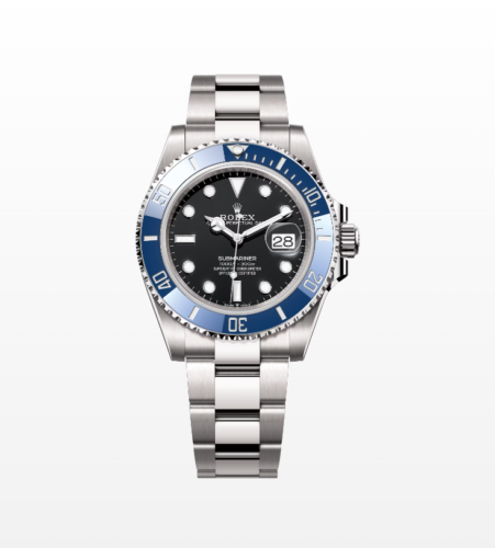 The Oyster Perpetual Submariner Date  white gold with a Cerachrom bezel insert in blue ceramic and a black dial