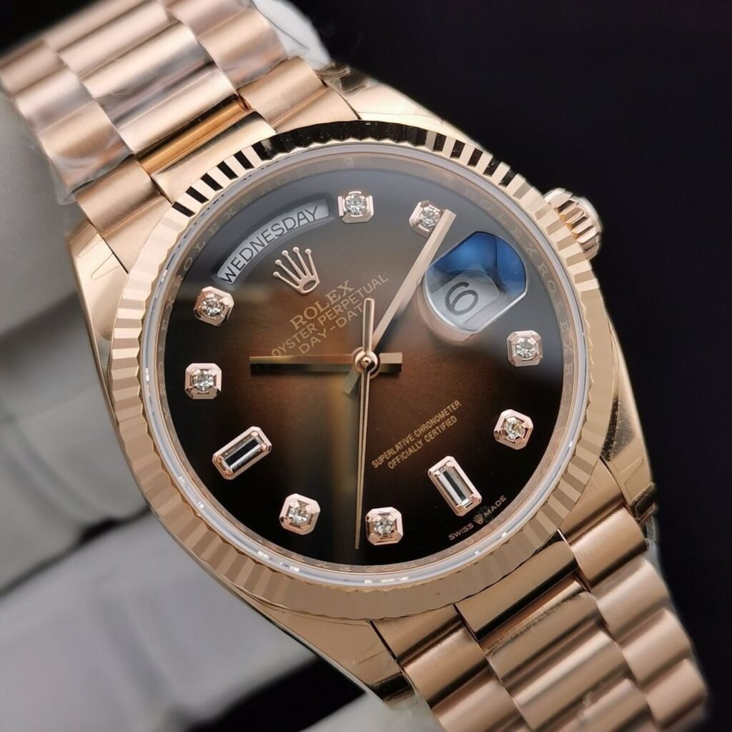 ROLEX DAY DATE 36MM PRESIDENT ROSE GOLD FLUTED BEZEL CHOCOLATE STICK DIAL - DrWatch Premium Watch