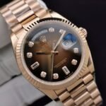 ROLEX DAY DATE 36MM  PRESIDENT ROSE GOLD FLUTED BEZEL CHOCOLATE STICK DIAL